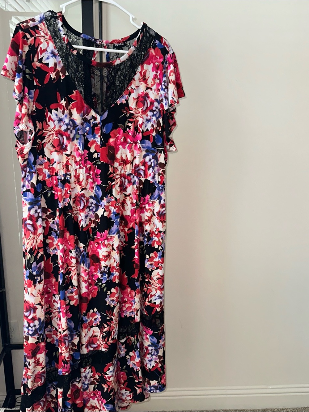 torrid Black Floral Midi Dress with Pink & Blue Blooms